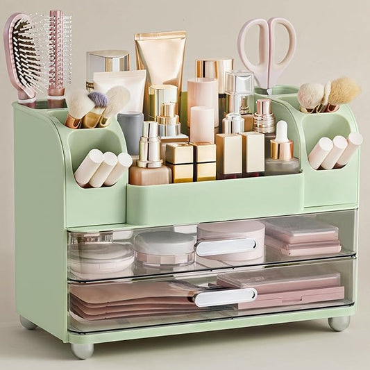 HBlife Makeup Organizer for Vanity with Brush Holder, Large Bathroom Countertop Cosmetic Organizer Skin Care Storage, Easy to Store Lipsticks, Nail Polishes, Perfumes, Eyeshadow Palettes, Green