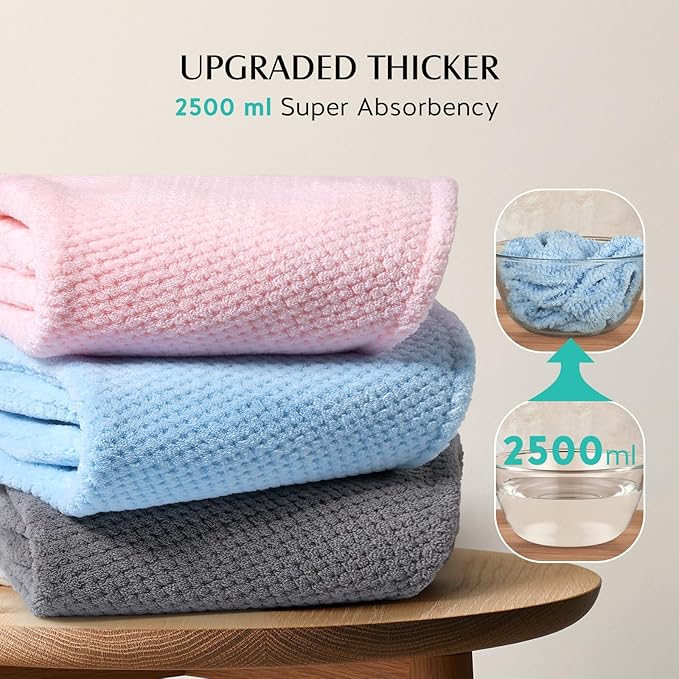 YFONG 3 Pack Large Microfiber Hair Towel Wrap, 30" x 10" Thicker Anti Frizz Quick Dry Hair Towels for Women Long, Curly, Thick Hair, Super Absorbent Hair Turban for Wet Hair (Grey, Pink, Blue)