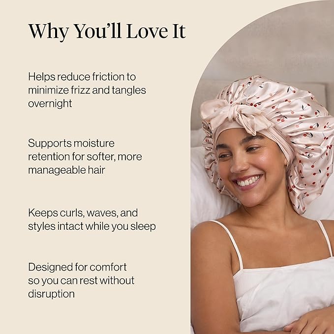 Kitsch XL Satin Bonnet for Sleeping - Softer Than Silk Bonnet For Sleeping Women - Secure Fit, Adjustable, Night Cap For Curly & Textured Hair - Prevents Breakage, Tangles & Thinning - Cherry Print