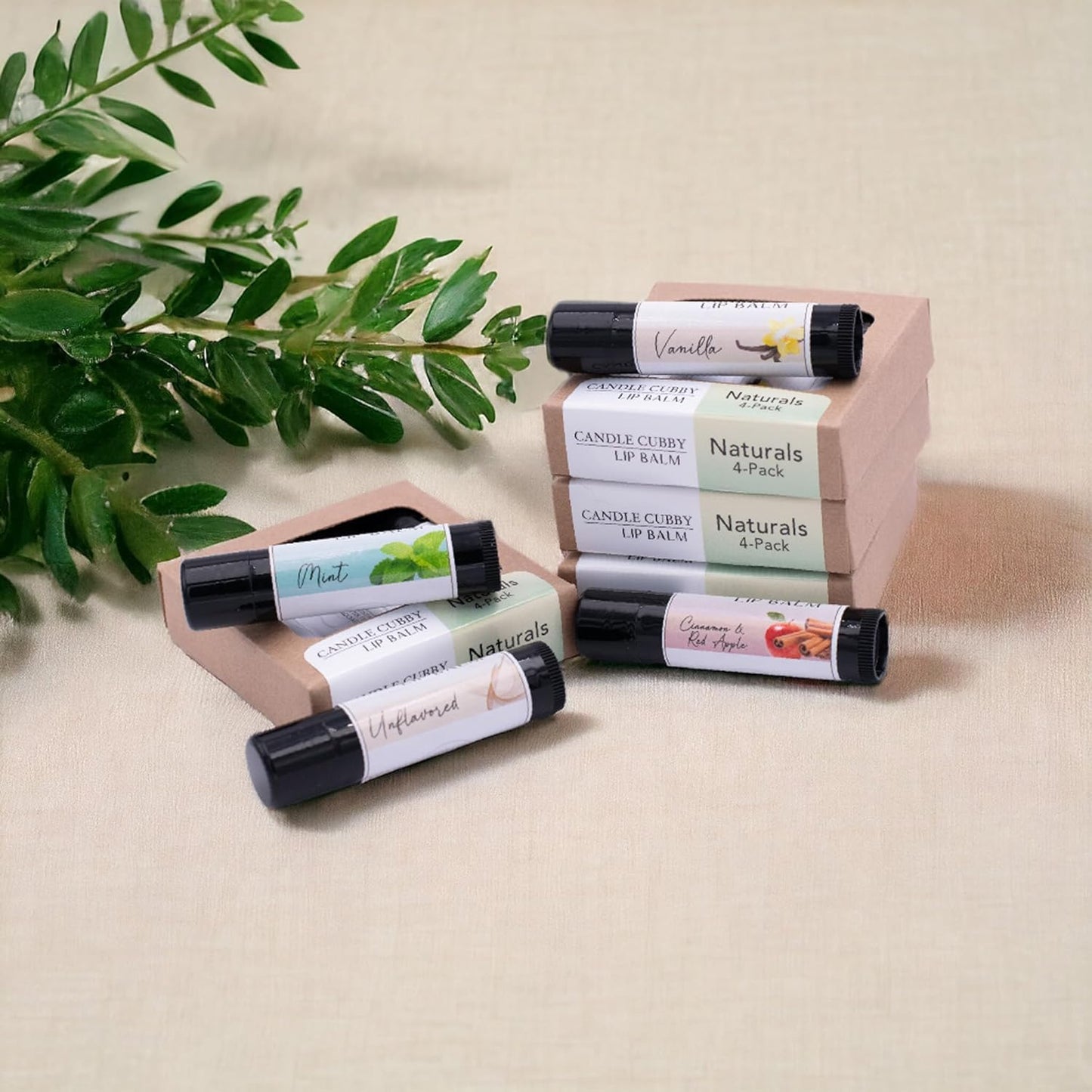 Lip Balm Naturals 4-Pack, Mint Vanilla Cinnamon Red Apple Unflavored, Natural Beeswax, Moisturizing Lip Treatment, 4 Tubes, 0.15 oz., White