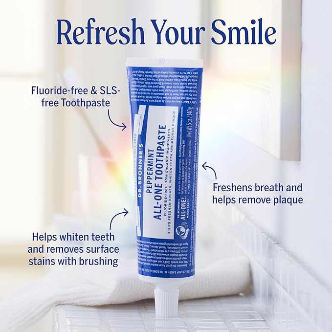 Dr. Bronner’s - All-One Toothpaste Variety Pack - Peppermint & Spearmint, 70% Organic Ingredients, Fluoride-Free, Helps Freshen Breath, Vegan (5oz, 4-Pack)