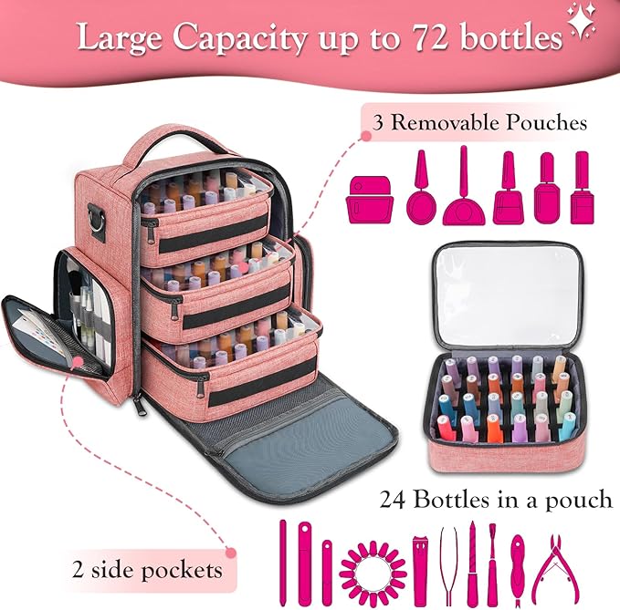YOREPEK Nail Polish Organizer Holds 72 Bottles (15ml-0.5 fl.oz) Large Nail Polish Carrying Case with 3 Removable Pouches and 4 Zippered Pockets for Manicure Tools, Supplies, Nail Lamp, Gifts for Women