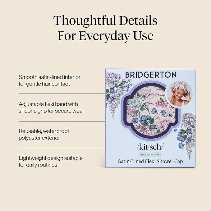 Bridgerton x Kitsch Satin-Lined Flexi Shower Caps for Women Reusable Waterproof - Large Wide Shower Cap for Women & Men, Adjustable, Stylish Hair Cap for Showers, For Long & Short Hair - Wisteria