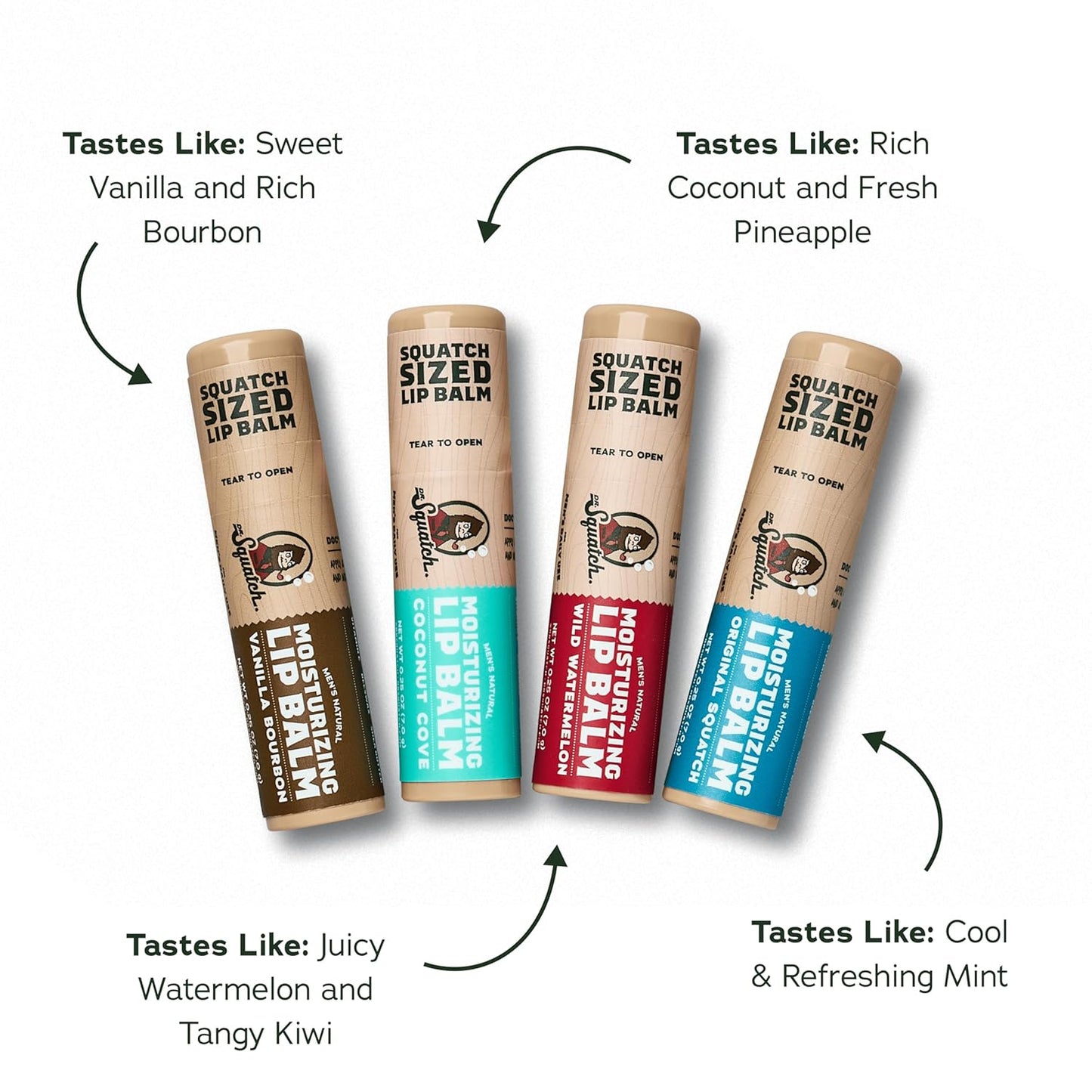 Dr. Squatch NEW Natural Lip Balm - Petrolatum, Paraben, Artificial Flavor-free - Shea Butter, Beeswax, Vitamin E - Original Squatch, Vanilla Bourbon, Coconut Cove, Wild Watermelon (0.25 oz, 4 Pack)