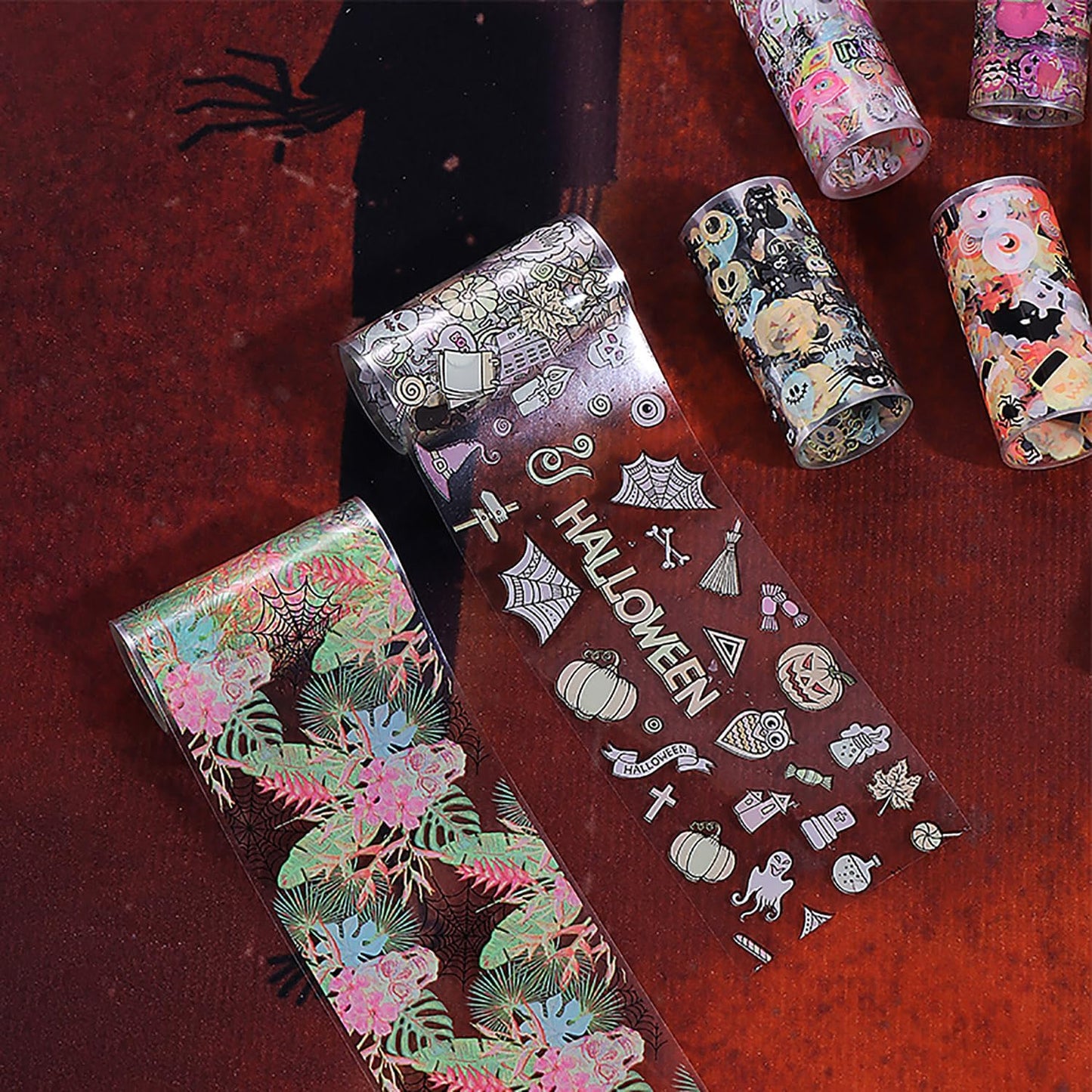 Halloween Nail Foils Transfers - Ghost Pumpkin Skull Bat Spider Web Black Cat Design, Gold & Holographic Foil Stickers for Nail Art, Manicure Decals for DIY Acrylic Nails, 10 Sheets