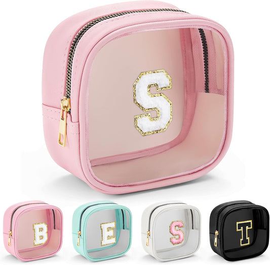 YOOLIFE Mini Initial Makeup Bag | Travel Toiletry Bag | Clear Makeup Bag | Travel Essentials Gifts for Women Teen Girlfriend Teacher Birthday Gifts Clear Toiletry Bag Small Mini Cosmetic Bag Pink S