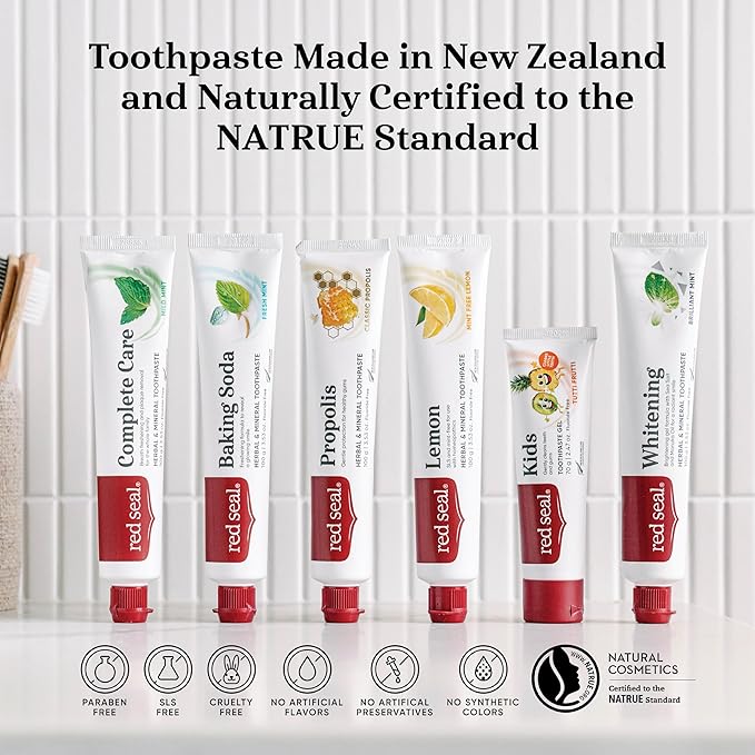 Red Seal Herbal & Mineral Fluoride Free Lemon Toothpaste - Mint Free Toothpaste for Adults - Vegan Friendly, Cruelty Free, No Artificial Colors or Flavors, NATRUE Certified Natural, SLS Free, 3.53 oz