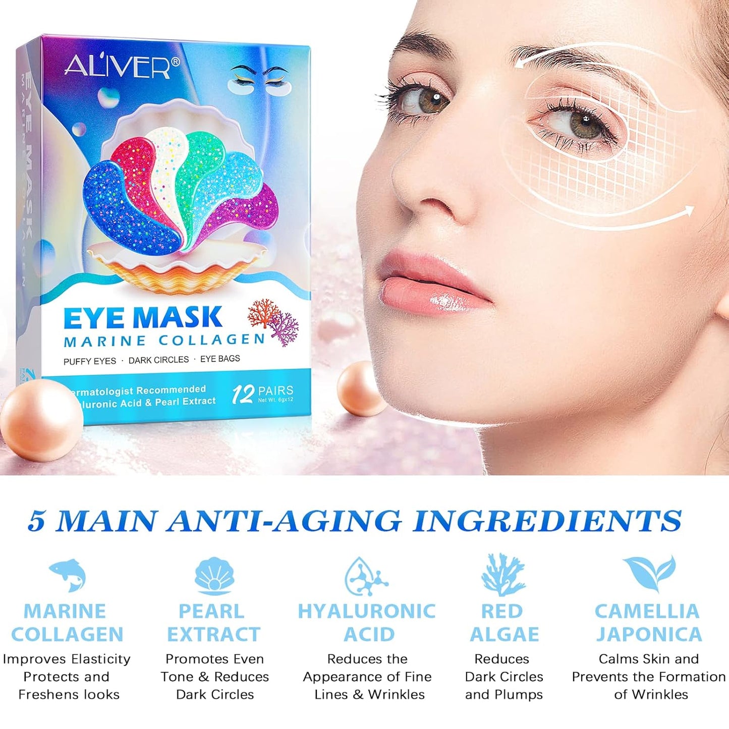 Eye Gels with Natural Marine Collagen Hyaluronic & Pearl Under Eye Patches, Under Eye Masks for Puffy Eyes & Dark Circles & Eye Bags, Face Moisturizer Treatment, Reduce Wrinkles (12 Pcs)