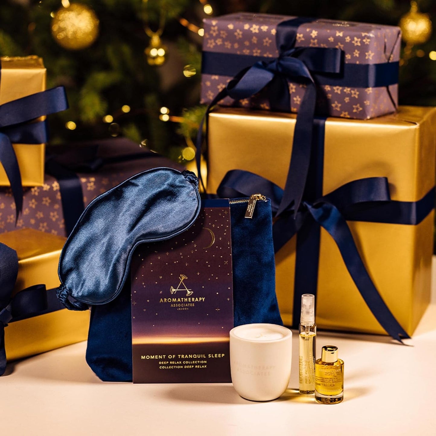 Aromatherapy Associates Moment of Tranquil Sleep. Luxurious Gift Set Includes Deep Relax Bath & Shower Oil, Sleep Mist, Candle Votive, Eye Mask and Lush Velvet Bag (1 Count)