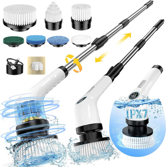 Electric Spin Scrubber Upgraded Battery with Extra-Long Runtime, IPX7 Waterproof Power Cleaner with 7 Brush Heads, 2 Speeds Adjustable Long Handle for Bathroom, Floor, Shower, Tile & Kitchen Cleaning