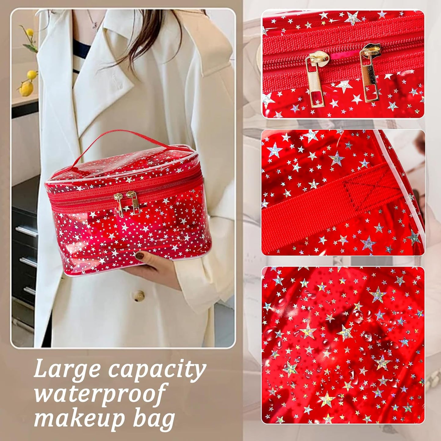 Holographic Makeup Bags Bulk,Clear Storage Bag Toiletry Pocket Portable Zippered Iridescent Pouch Waterproof Cosmetic Gift Bags for Women (Blue-L)