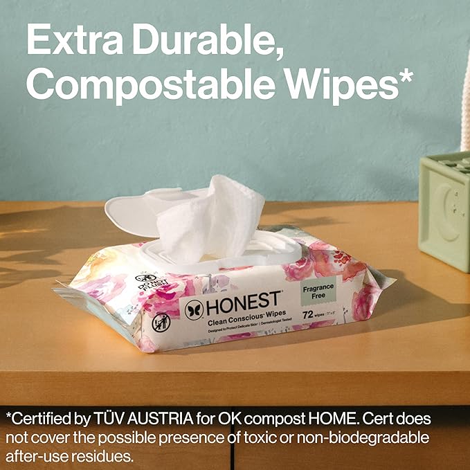 The Honest Company Baby Wipes for Sensitive Skin, Hypoallergenic, Fragrance-Free, Multi-Use, Rose Blossom Design, 576 Count (6 Packs of 96)