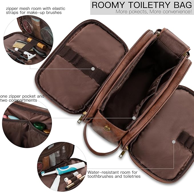 Elviros Travel Toiletry Bag for Men, Shaving Dopp Kit Water-resistant Bathroom Small Toiletries Organizer PU Leather Cosmetic Bags