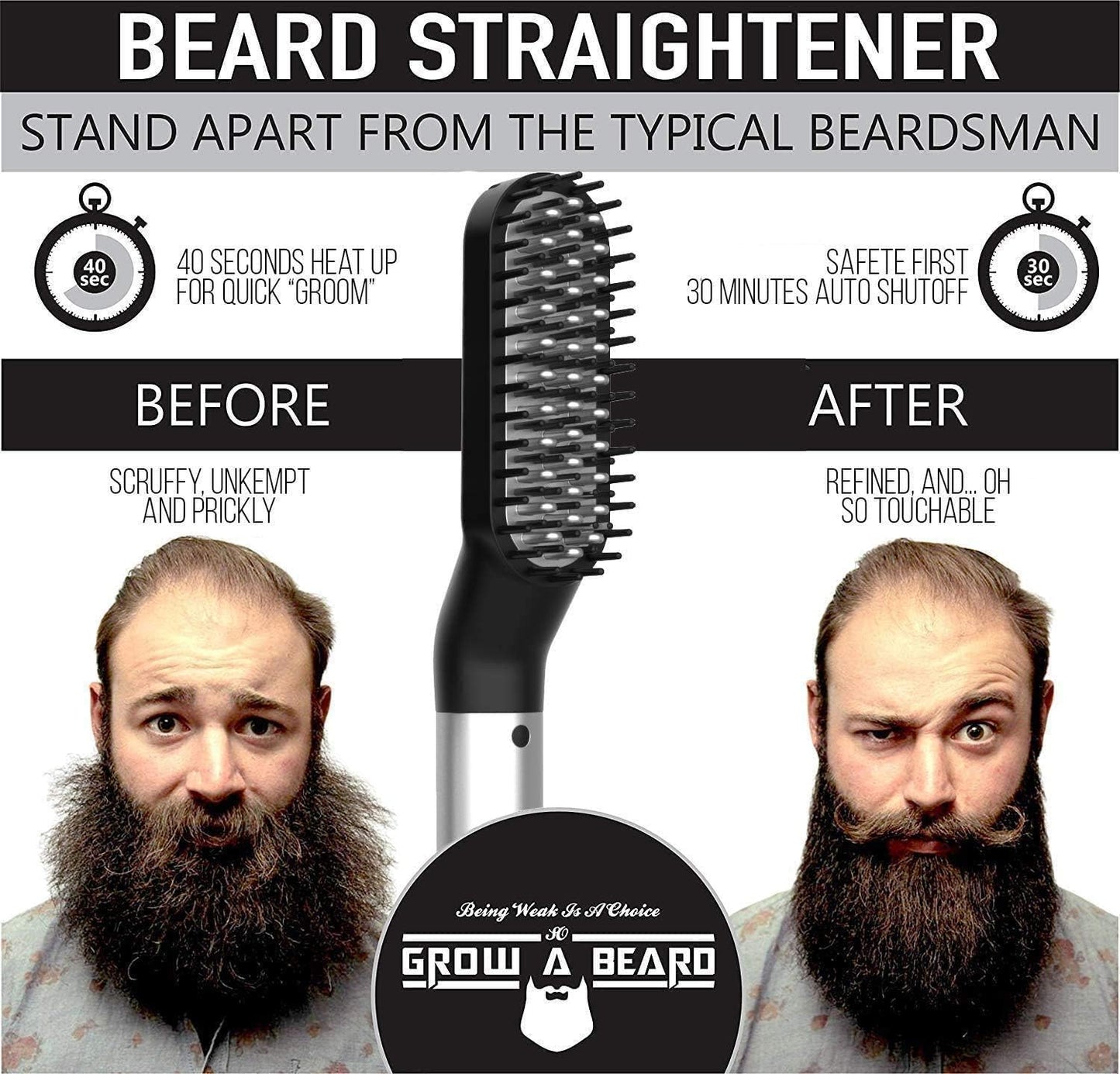Beard Straightener Grooming Kit for Men, Beard Growth Kit, Wash, Brush & Comb, Unscented Growth Oil, All Natural Chanel Balm, Conditioner, Razor & Scissors, Great Gift Idea for Men's (Black)