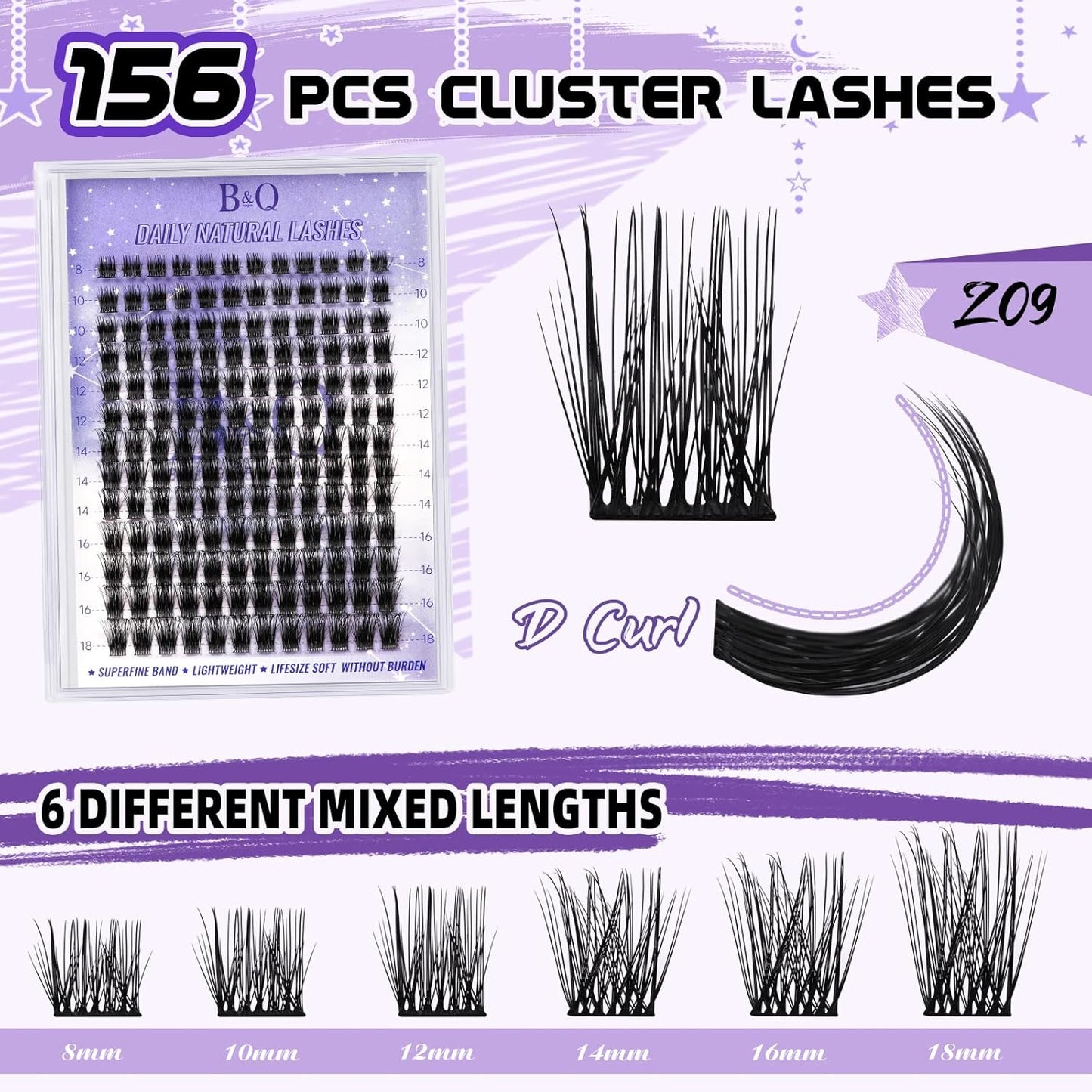 B&Q Lash Clusters Natural Cluster Eyelash Extensions 156 PCS Eyelash Clusters D Curl Z01 Individual Lashes for Beginners 8-18mm Cluster Lashes Superfine Band Eyelash Extension at Home（Z09-D-8-18mix）
