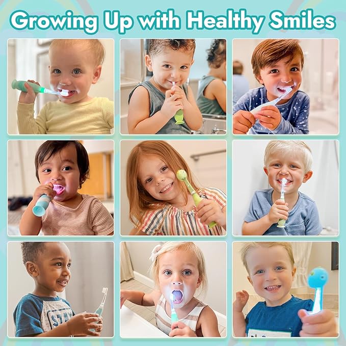 Papablic Toddler Sonic Electric Toothbrush Kids for Ages 1-3 Years, Baby Electric Toothbrush with Cute Dino Cover and Smart LED Timer, 4 Brush Heads (Debby)