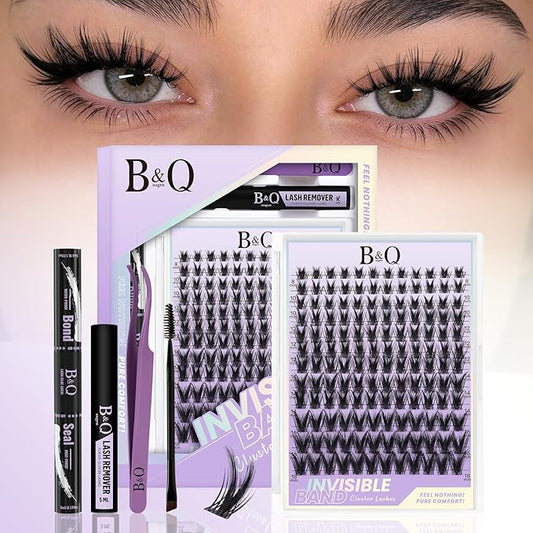B&Q Victory Lash Clusters Kit Natural Lashes Clusters Wispy Invisible Band Manga Lashes Individual Lashes Bond and Seal Eyelash Extension Kit Easy Removal (Victory Kit-8-18MIX)