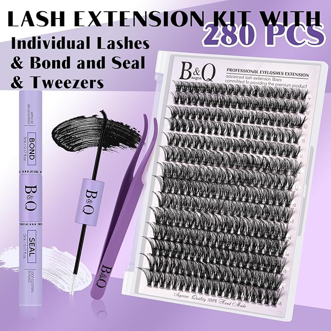 B&Q DIY Lash Extension Kit 280pcs Individual Lashes Cluster 40D C Curl Eyelash Extension Kit with Bond and Seal and Applicator Tool for Self Application (Set,40D-C-9-16MIX)