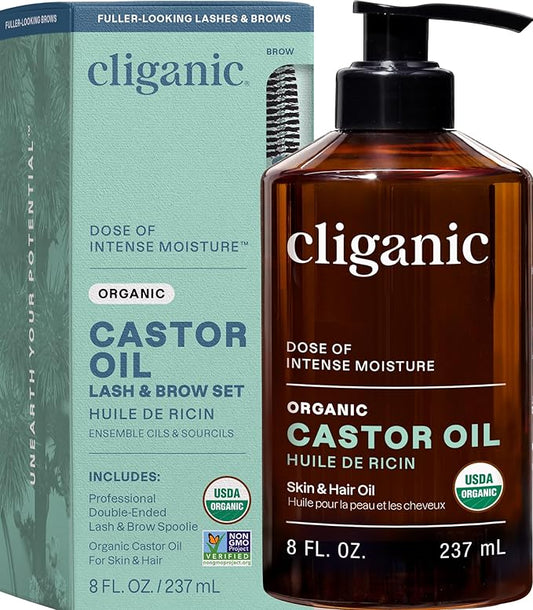 Cliganic Castor Oil Organic Cold Pressed, 100% Pure (8oz with Eyelash Kit) - For Eyelashes, Eyebrows, Hair & Skin | Bulk, Natural Unrefined Hexane-Free | DIY Carrier Oil