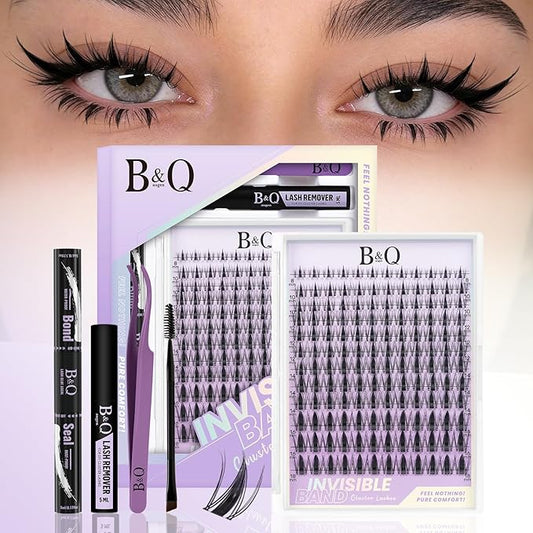 B&Q Fairy Lash Clusters Kit - DIY Lash Extension Kit at Home Beginner-Friendly Manga Lashes, 144pcs 8-18mm Wispy Clusters with 0.3mm Invisible Band & Waterproof, Salon Look for Daily Work & Parties