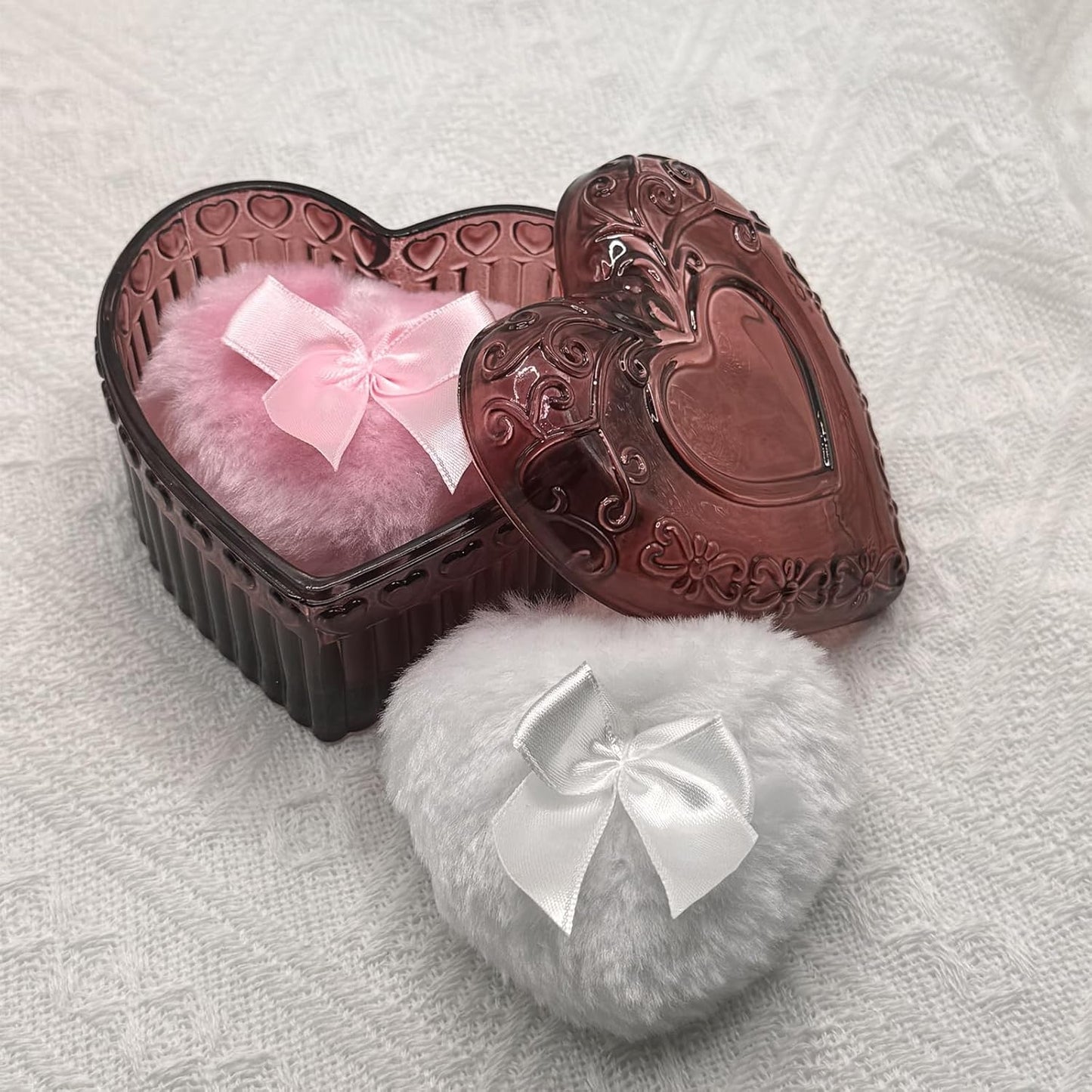 Body Powder Puff and Container - Glass Heart Dusting Powder Container with 2 Soft Puffs Vintage Powder Puff Case for Women & Girls-GRB007-Red