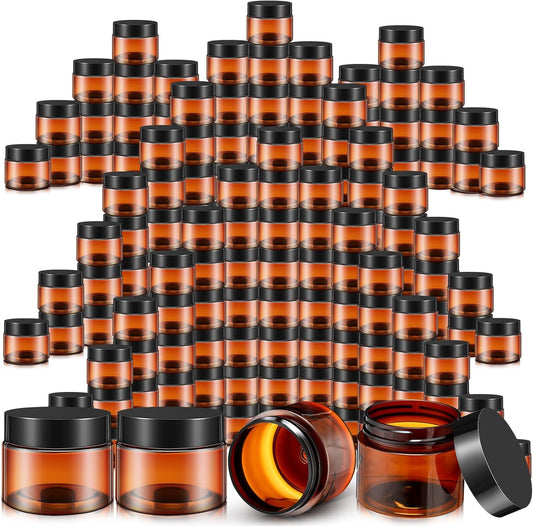 SATINIOR 100 Pcs Plastic Jars with Lids Small Containers Lids Wide Mouth Small Plastic Containers for Lotion Cream Rhinestones Body Butters Travel Storage(10 oz, Amber)