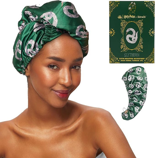 Kitsch Harry Potter x Microfiber Hair Towel Wrap for Women – Ultra Absorbent Microfiber Bath Towels for Wet, Curly, Long/Short Hair, Anti-Frizz Hair Wrap, Great Hair Care Gifts for Women – Slytherin