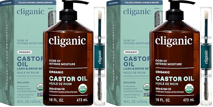 Cliganic Organic Castor Oil, 100% Pure (16oz with Eyelash Kit) - For Eyelashes, Eyebrows, Hair & Skin | Bulk, Natural Cold Pressed Unrefined Hexane-Free | DIY Carrier Oil (Pack of 2)