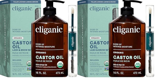 Cliganic Organic Castor Oil, 100% Pure (16oz with Eyelash Kit) - For Eyelashes, Eyebrows, Hair & Skin | Bulk, Natural Cold Pressed Unrefined Hexane-Free | DIY Carrier Oil (Pack of 2)