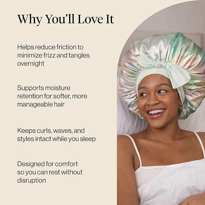 Kitsch XL Satin Bonnet for Sleeping - Softer Than Silk Bonnet For Sleeping Women - Secure Fit, Adjustable, Night Cap For Curly & Textured Hair - Prevents Breakage, Tangles & Thinning - Aura