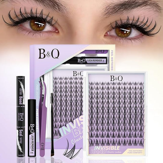 B&Q Snow Lotus Lash Clusters Kit Natural Lashes Clusters Wispy Invisible Band Manga Lashes Individual Lashes Bond and Seal Eyelash Extension Kit Easy Removal (Snow Lotus KIT-8-18MIX)