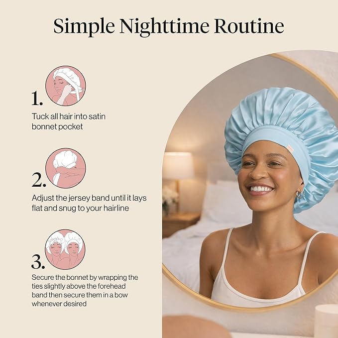 Kitsch XL Satin Bonnet for Sleeping - Softer Than Silk Bonnet For Sleeping Women - Secure Fit, Adjustable, Night Cap For Curly & Textured Hair - Prevents Breakage, Tangles & Thinning - Haze Blue