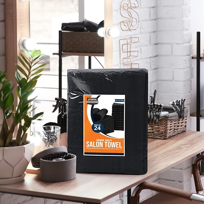 Utopia Towels Cotton Bleach Proof Salon Towel 16 by 27 inches, Bleach Safe Gym 100% Cotton Hand Towel, 48 Pack, Black