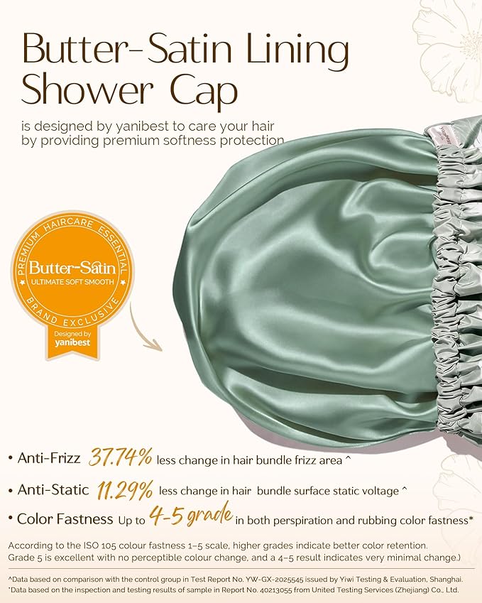 Yanibest Satin Lined Shower Cap for Women Reusable Waterproof, Large Bath Cap with Soft Elastic Band, Luxury Hair Protection Caps (Green Leaves)