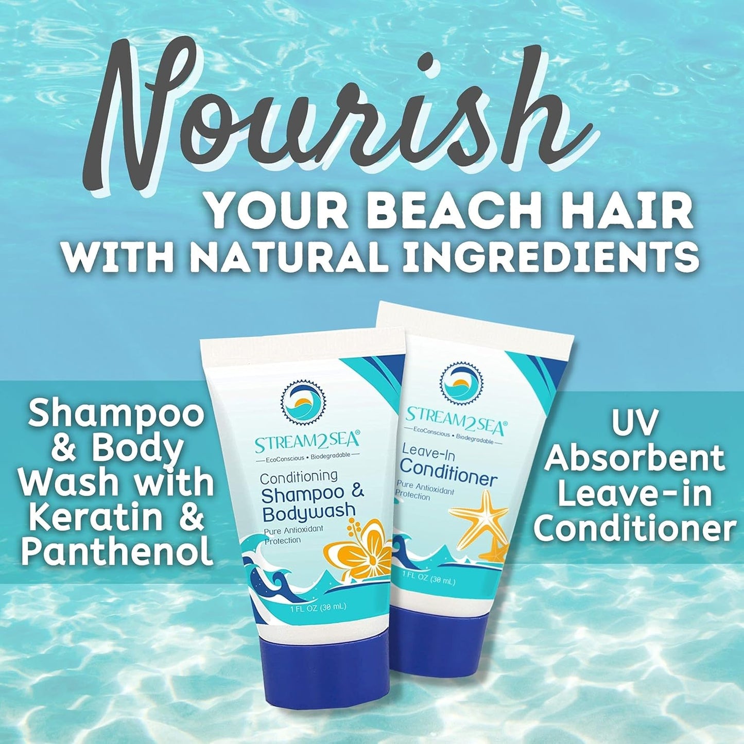 EcoConscious Travel Kit Body & Hair Care Gift Set | Shampoo & Body wash | Conditioner | SPF30, SPF20 and Mineral Sunscreen | SPF 30 Cucumber Mint and Hydrate Cherry Vanilla Lip Balm by Stream2Sea