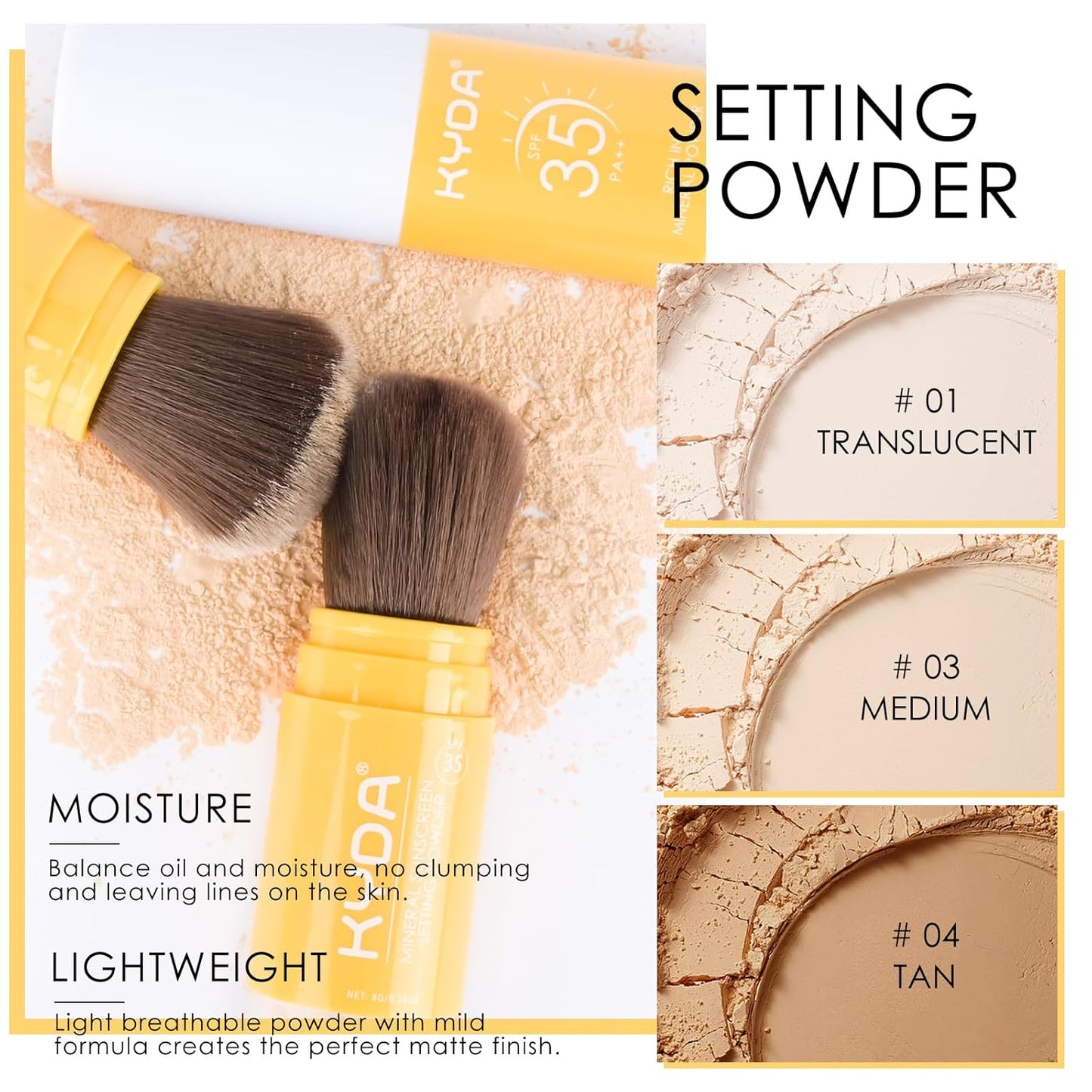 KYDA 2 Pcs Mineral Sunscreen Setting Powder, SPF 35, Medium, Mineral Brush Powder, Oil Control Natural Matte Finish, Lasting Lightweight Breathable, All Skin, by Ownest Beauty