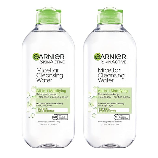 Garnier Micellar Water for Oily Skin, Facial Cleanser & Makeup Remover, Mattifying, For All Skin Types, Vegan, Cruelty Free, 13.5 Fl Oz (400mL), 2 Count