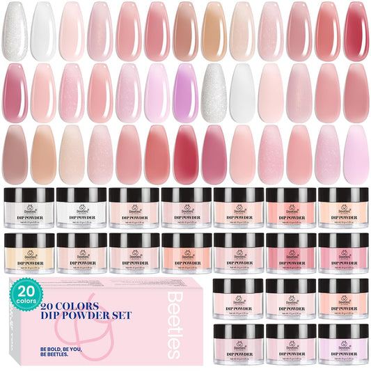 Beetles Pink Nude Dip Powder Nail Kit, 20 Colors Neutral Jelly Pink Sheer Glitter White Dip Nails Powder Starter Kit, Jelly Effect French Nail Art Starter Manicure Salon DIY Home Gift for Women