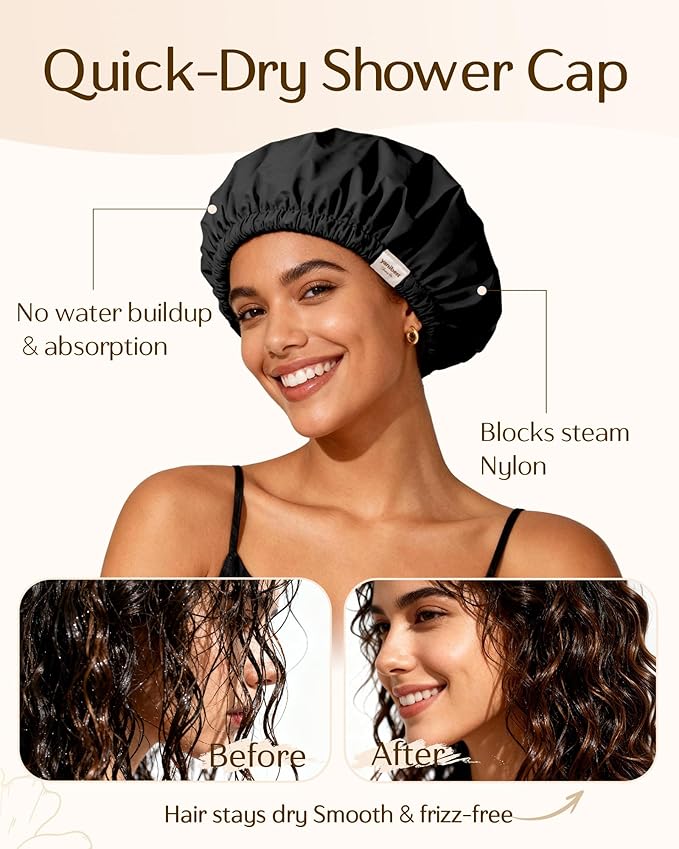 Yanibest Satin Lined Shower Cap for Women Reusable Waterproof, Large Bath Cap with Soft Elastic Band, Luxury Hair Protection Caps (Black)