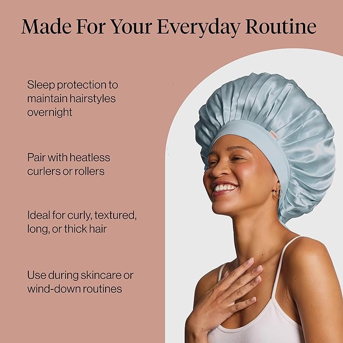 Kitsch XL Satin Bonnet for Sleeping - Softer Than Silk Bonnet For Sleeping Women - Secure Fit, Adjustable, Night Cap For Curly & Textured Hair - Prevents Breakage, Tangles & Thinning - Haze Blue