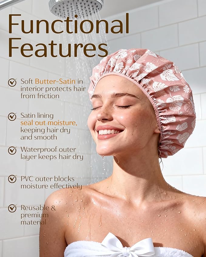 Yanibest Shower Cap for Women - Hair Satin Bonnet Shower Cap for Women Waterproof Extra Large Double Layer Reusable Adjustable for Braids Long Hair