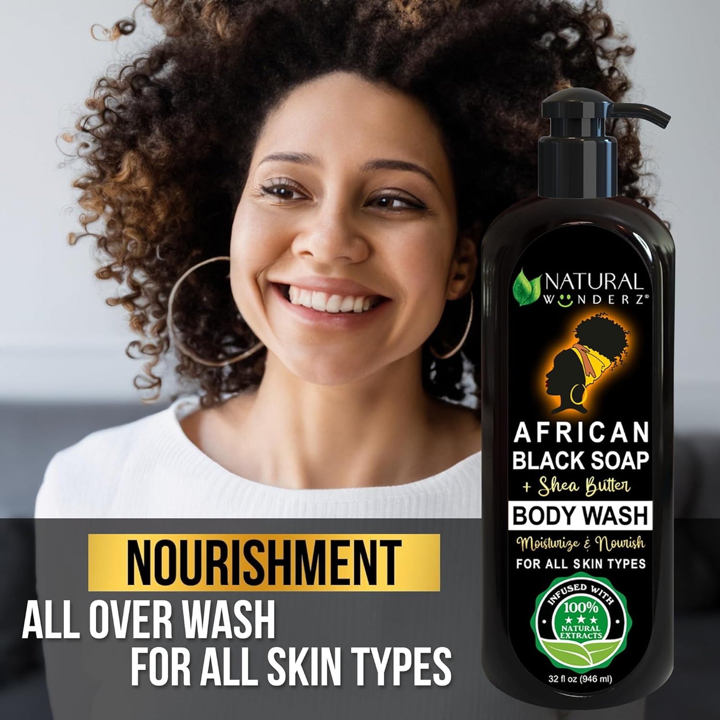 Body Wash with African Black Soap and Shea Butter, 32 Fl Oz Shower Gel, Promotes Acne Treatment, Contains All Natural Extracts, Vegan, and Sulfate-Free Body Scrub