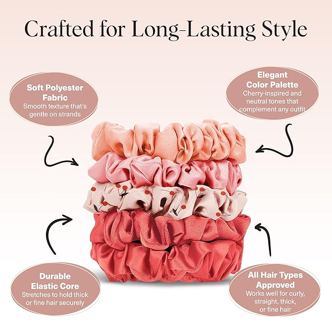 Kitsch Ultra-Petite Satin Scrunchies for Women - No Crease, Frizz-Free Sleep | Softer Than Silk Scrunchies Gentle On Hair Scrunchies for All Hair Types | Stylish Hair Accessories- Cherry Blossom, 5pcs