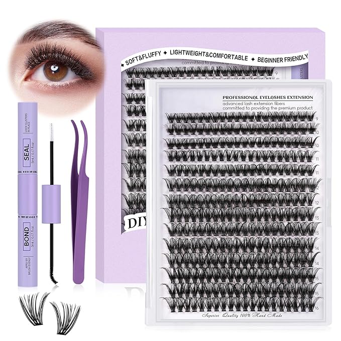 B&Q DIY Lash Extension Kit 280pcs Individual Lashes Cluster 40D C Curl Eyelash Extension Kit with Bond and Seal and Applicator Tool for Self Application (Set,40D-C-9-16MIX)