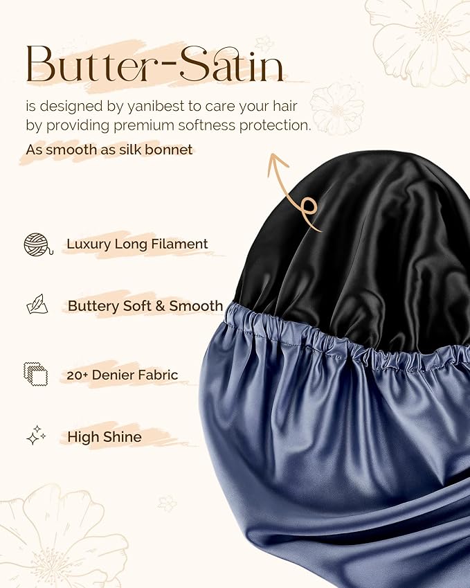 YANIBEST Satin Sleep Bonnet for Natural Hair - Extra Double Layer Long Adjustable Silk Hair Bonnet for Braids, Locs, Curls - Women’s Night Hair Protection Cap