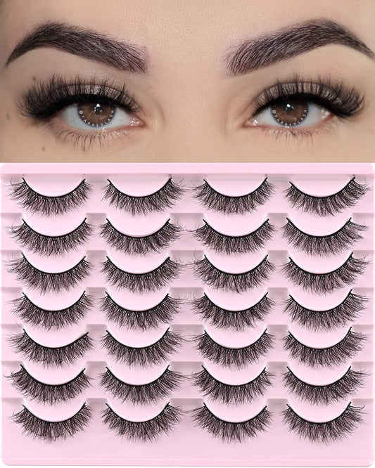 FARRED Natural Lashes Short Eyelashes Wispy False Mink Lash Pack 14 Pair Natural Look Fluffy Cat Eye Strip Eyelash Small Fake Lashes Full Pestañas Sets for MUA and Beginners Daily Makeup (F1 | 8-14mm)