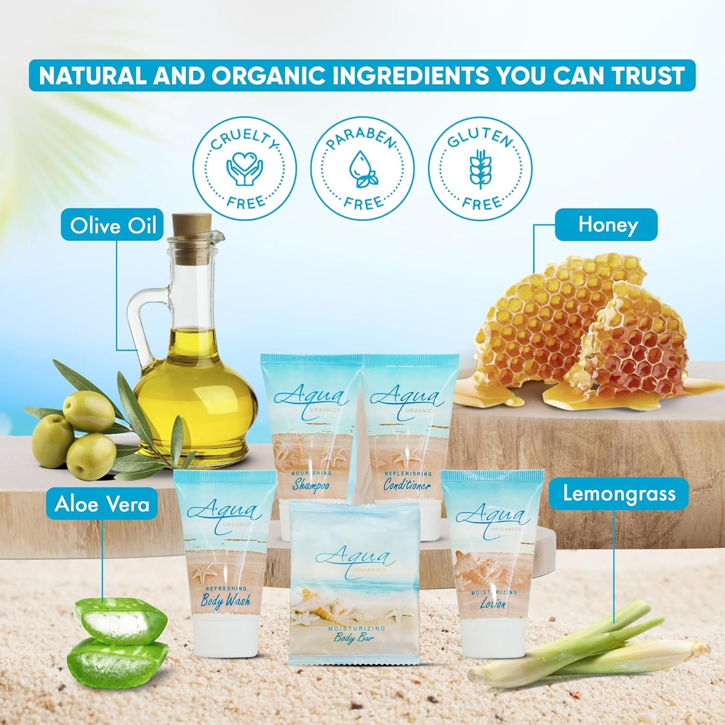 | Aqua Organics Hotel Soaps and Toiletries Bulk Set | Amenities for Hotels & Airbnb | 1oz Hotel Shampoo & Conditioner, Body Wash, Body Lotion & 1oz Bar Soap Travel Size | 5 Pieces