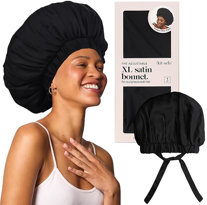 Kitsch XL Satin Bonnet for Sleeping - Softer Than Silk Bonnet For Sleeping Women - Secure Fit, Adjustable, Night Cap For Curly & Textured Hair - Prevents Breakage, Tangles & Thinning - Black