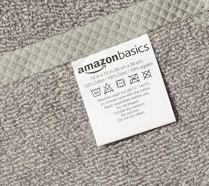 Amazon Basics 100% Cotton Washcloths, Quick-Dry, 12" x 12", Platinum, 12-Pack