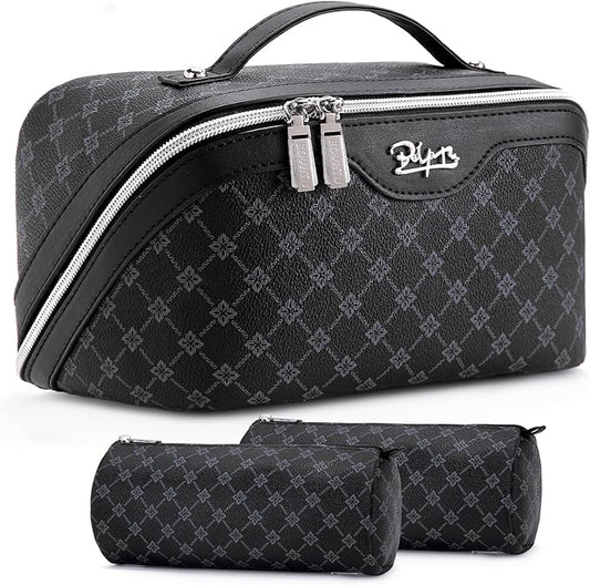 BOYATU Travel Makeup Bag Cosmetic Bags for Women: 3 Pcs Set Large Capacity Make up Bag with Handle - Vegan Leather Toiletry Bags with Compartments - Makeup Organizer for Travel Essentials(A-7-Black)